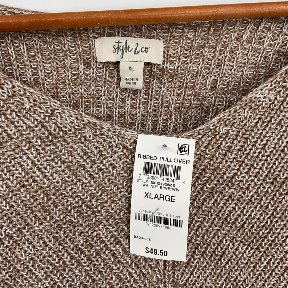 Style & Co Ribbed Pullover Sweater Walnut Heathered V-Neck Long Sleeve XL‎ - Picture 3 of 7